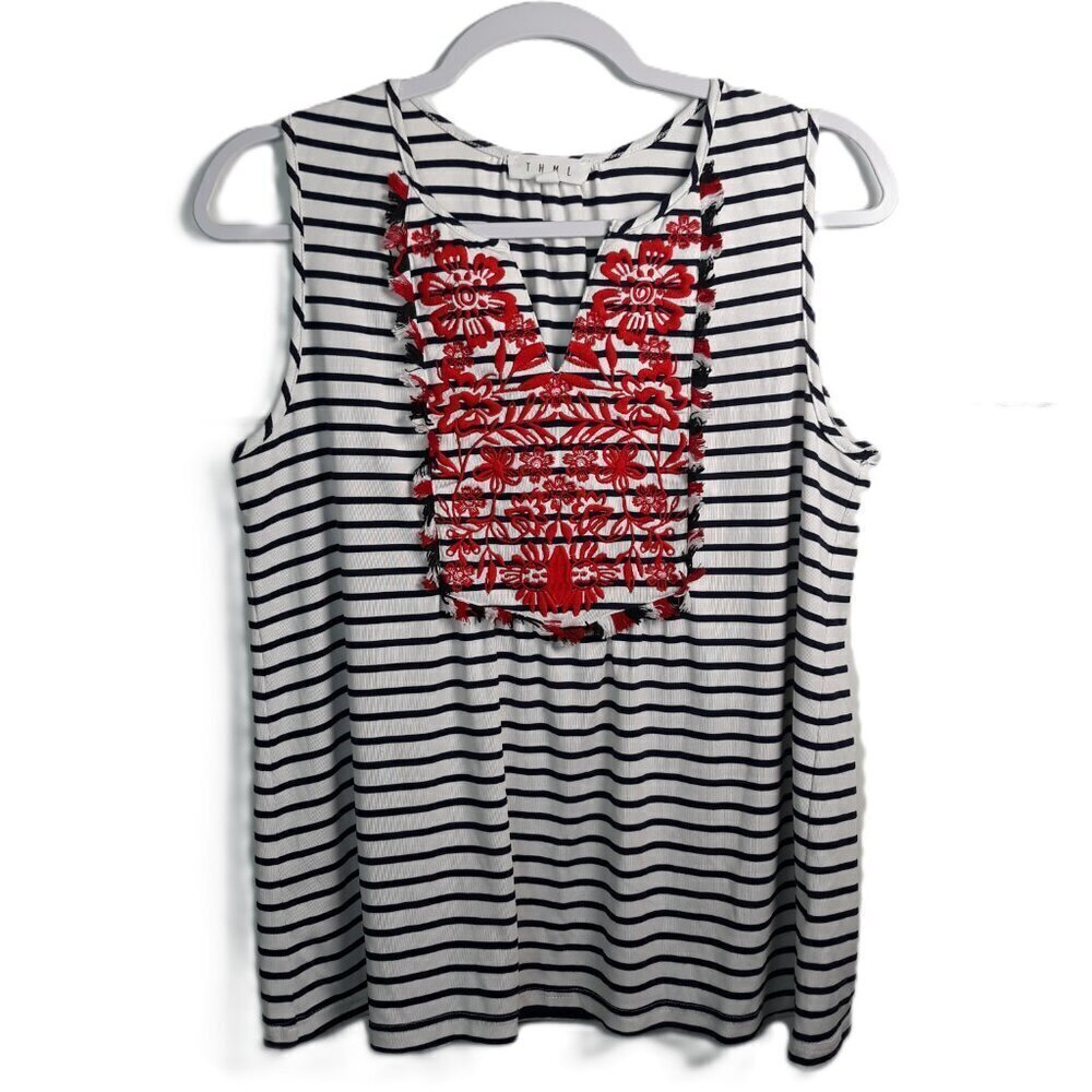THML Embroidered Fringed Striped Sleeveless Top M Boho Festival